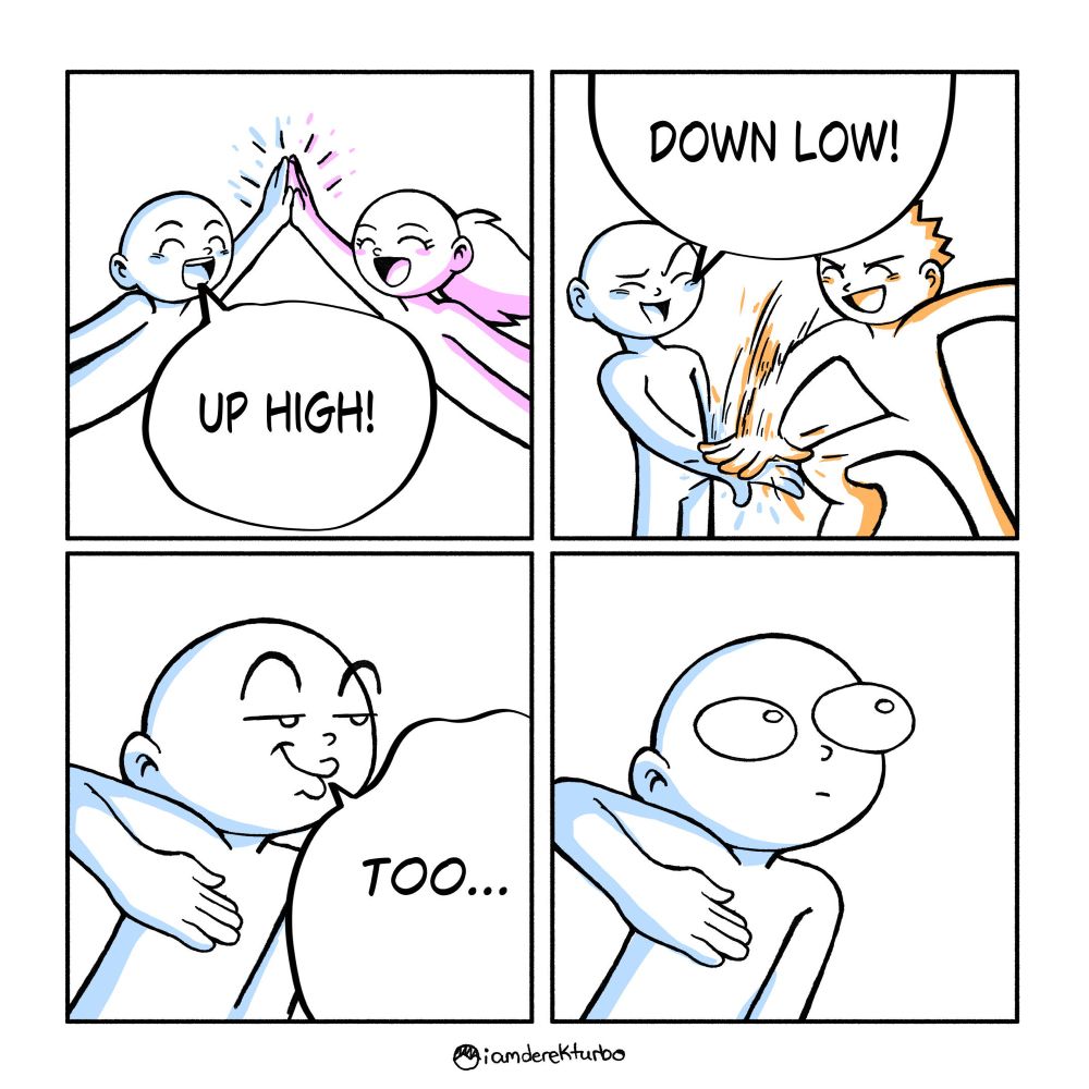 A comic strip of people doing different types of high fives.