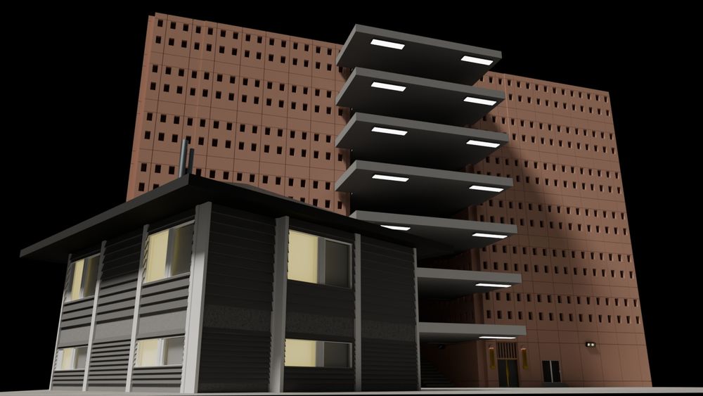 2 procedurally created buildings using the same geometry node setup in Blender. One is a Grey 2 level house and the other is a 10 story apartment. #Blender3d #b3d
