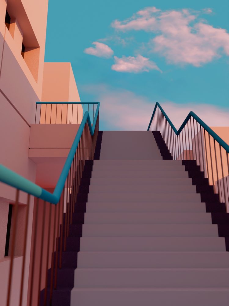 Liminal staircase leading up to the top courtyard of an apartment complex. 3d scenery made in blender 
