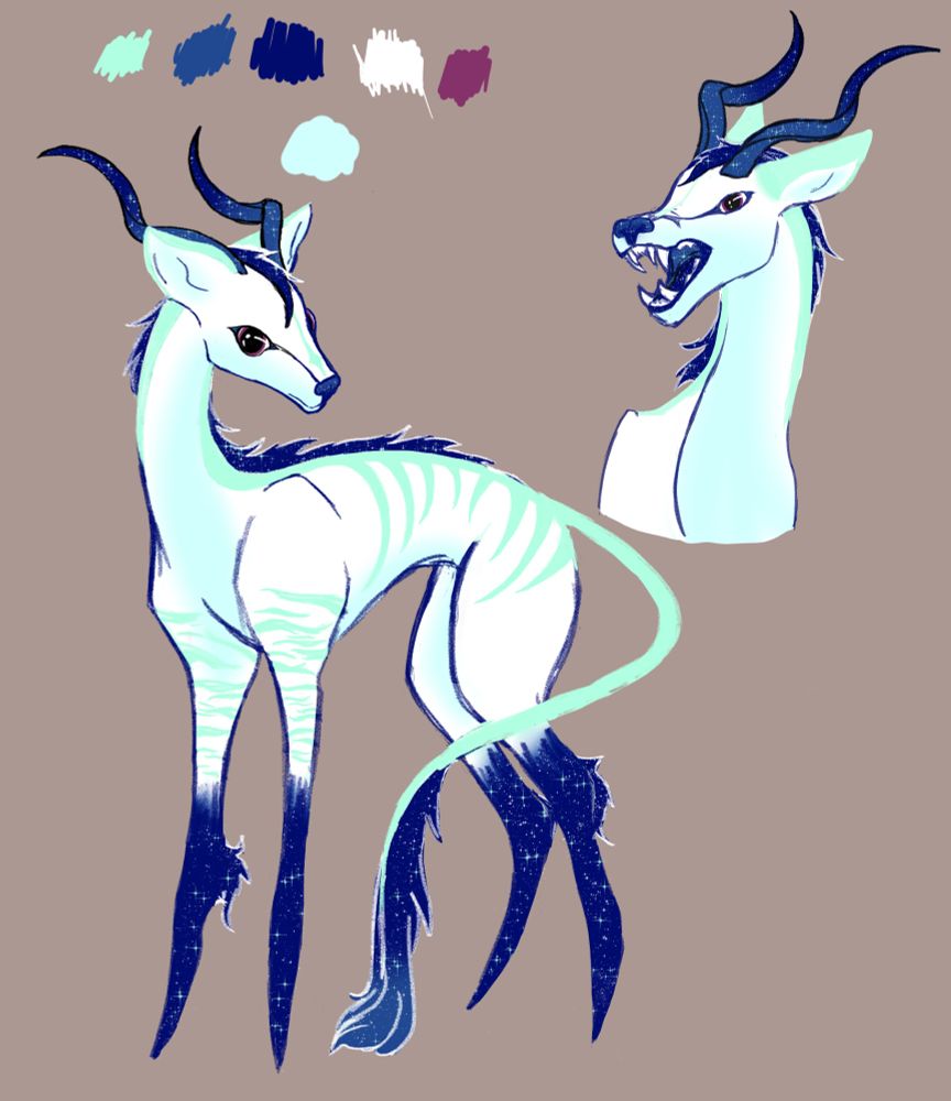 
Concept art for a new creature on Nauvis’s world. It is a mix of several elements of different animals, with long pointed legs, a unicorn-like tail, long neck and narrow face with large eyes and ears. It has two horns akin to a kudu’s and a short mane that follows its spine down most of its back. Its base color is a bright, cool toned white and a bright blue on the underbelly and bright teal stripes across its upper front legs and down its back. Its main, tail, horns, nose and lower parts of its legs are a deep blue color speckled with white to look like stars. Its eyes are a deep mauvey-purple color with large, round pupils.
There is a second sketch of a close up of its face, mouth wide open to show its teeth. Its teeth are like that of a predators, with long, sharp, canines and shorter pointed molars in the back. The inside of its mouth is the same dark blue with white specks. 