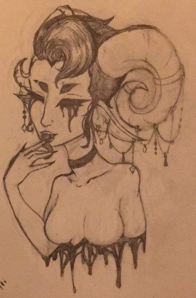 A bust sketch of a woman with droopy elf ears and large ram horns. She has a hand raised to her mouth where she’s sticking out her long black tongue. Her ears and horns are adorned in piercings with attached chains and dangling gems. Her eyes are fully black with black tears flowing down her cheeks, it matches the black drips coming from the bottom of the bust