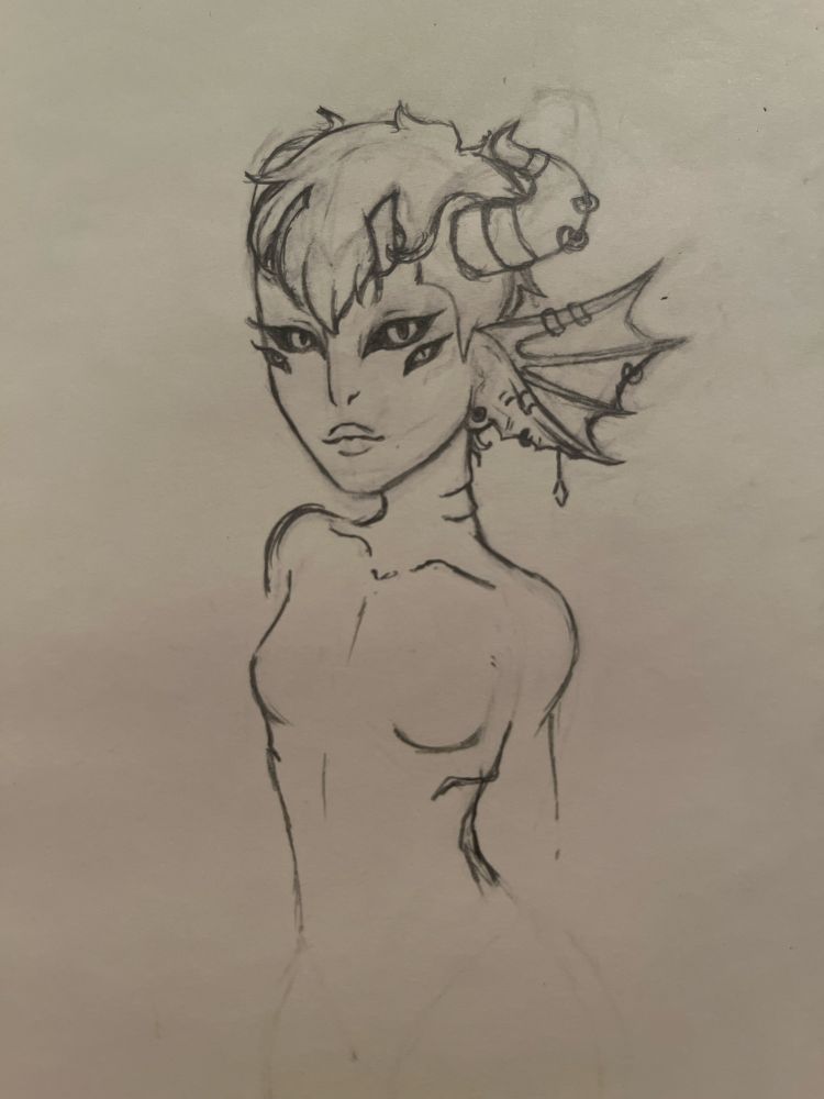 An unfinished concept sketch of my MC Oblivia. They are at a 3/4ths angle facing to the left. She has multiple features that are doubled, such as two sets of eyes, horns and gills. Her eyes are dark with slit pupils and her nose is very flat and small. Their ears are droopy and elf-like with an attached fin on top and ridging on the bottom. Her mohawk hairstyle shows off a larger set of bull horns on the sides and a smaller set of devil horns on her forehead. Their ears and horns are both adorned with multiple piercings, cuffs, rings and chains.