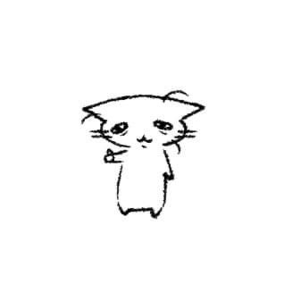 A simple sketch of a cat on a white background standing upright, they look visibly very tired with their ears flat to the side, bags under their eyes, and random hairs in disarray. They are holding up a paw with their thumbs up as if to indicate that they’re okay when the very much do not look like it. 