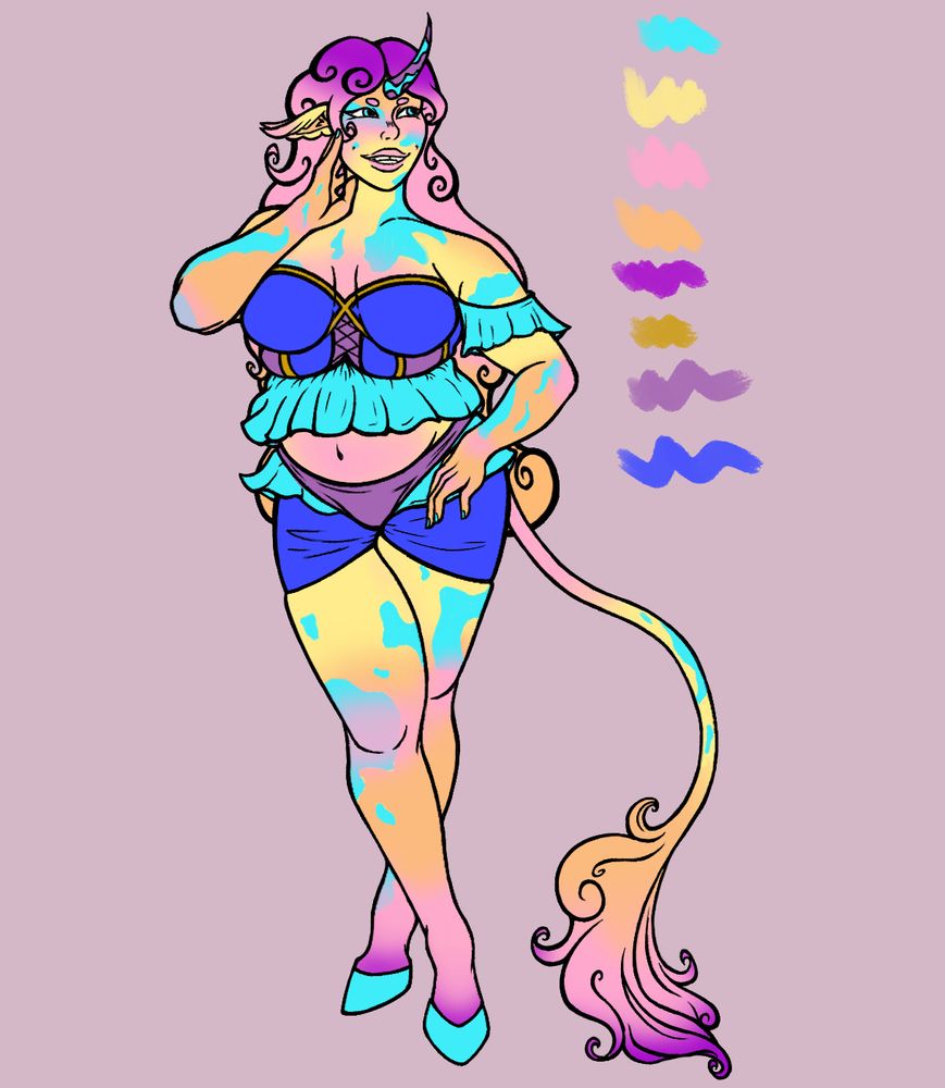 An illustration of a sunset and unicorn themed character. She is looking off to the right with her hand on her jaw and a big smile. She’s a plus sized character with a curved purple and blue unicorn horn, flowy unicorn tail, feathered elf-like ears, and bright blue hooves. Her hair is big and fluffy like a cloud, and gradients from bright purple to pastel pink and then pastel orange at the ends. Her skin is a bright, pastel yellow that gradients to a similarly pastel orange on her limbs. Her legs go on to gradient to a pastel pink to a touch of bright purple around her hooves. Her tail has a similar gradient but is pink at the base before turning yellow. She has a noticeable pink blush on her stomach, cheeks, ears and joints. She also has bright blue vitiligo-like splotches all over her body and onto her horn. Shes wearing a gold trimmed dark blue and dusty purple corset top with bright blue ruffles at the bottom and as off the shoulder sleeves. The ruffles stop right above her tummy, her bottoms consist of a dusty purple bathing suit-like base with the same bright blue ruffles on the sides but then includes dark blue shorts. 