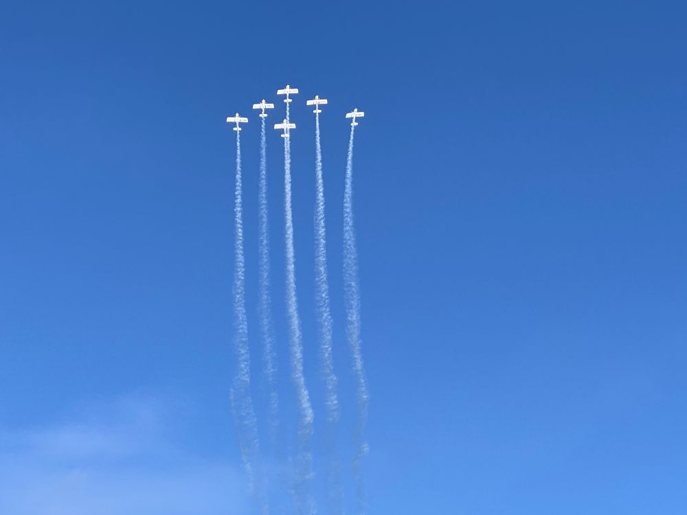 Six planes ascending vertically with smoke trails