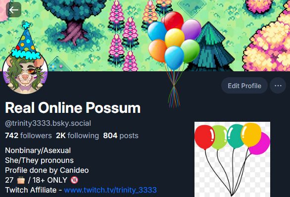 My bluesky profile, but there are balloons floating up of varying colors and image quality, and my profile image has a blue birthday hat.