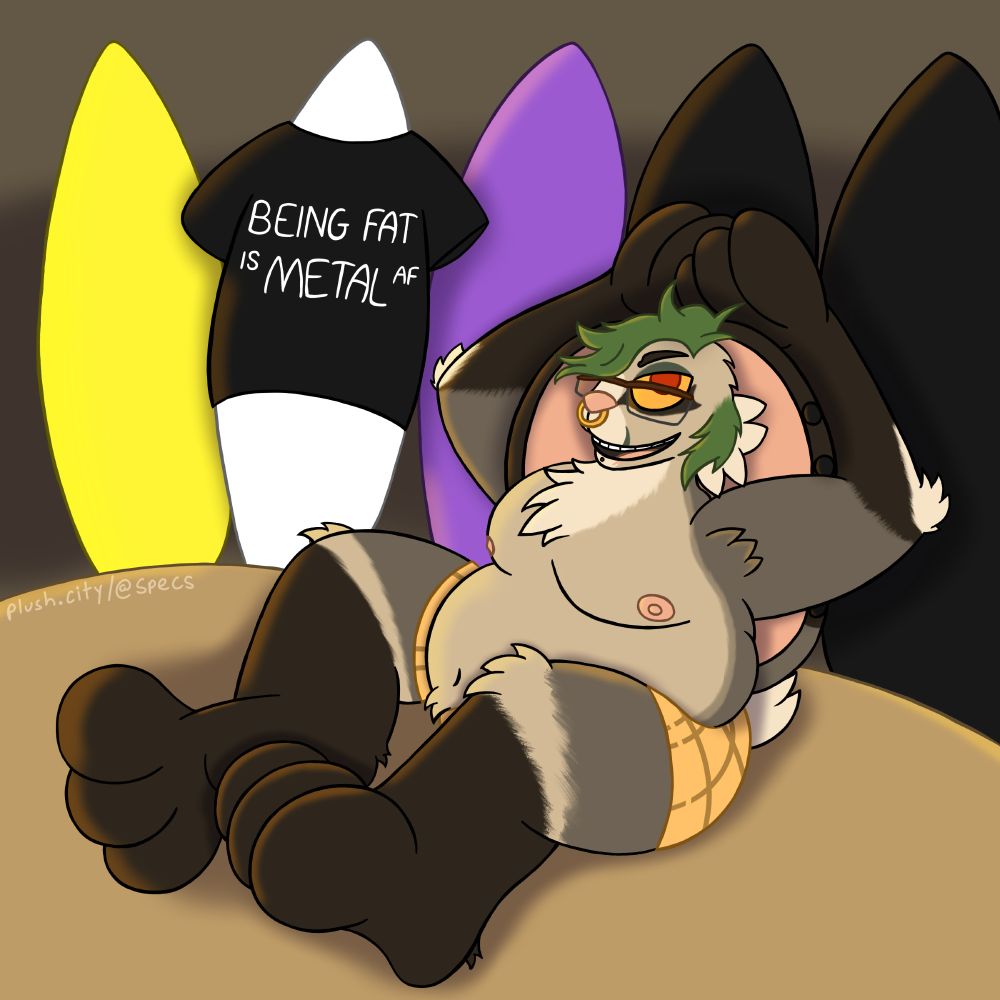 A fat, shirtless bunny lays back against some surfboards that are sticking upward out of the sand. They rest their paws behind their head, smiling and looking over their glasses towards the camera. Their black t-shirt is hung up around a nearby surfboard, with the text "Being fat is metal AF"