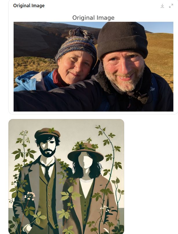 An image of two people in outdoor clothes up a hill. Below it is an image of two totally different people in very different clothes.