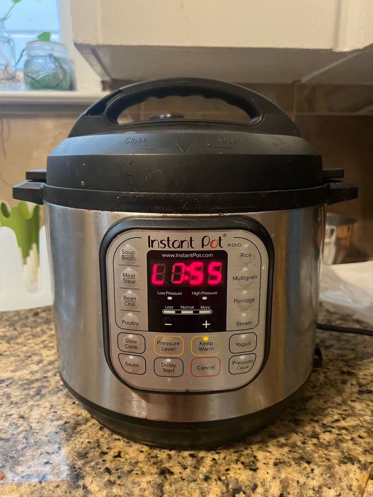 Instant Pot displaying LOSS, but also L0:55, the amount of time the porridge has been done.
