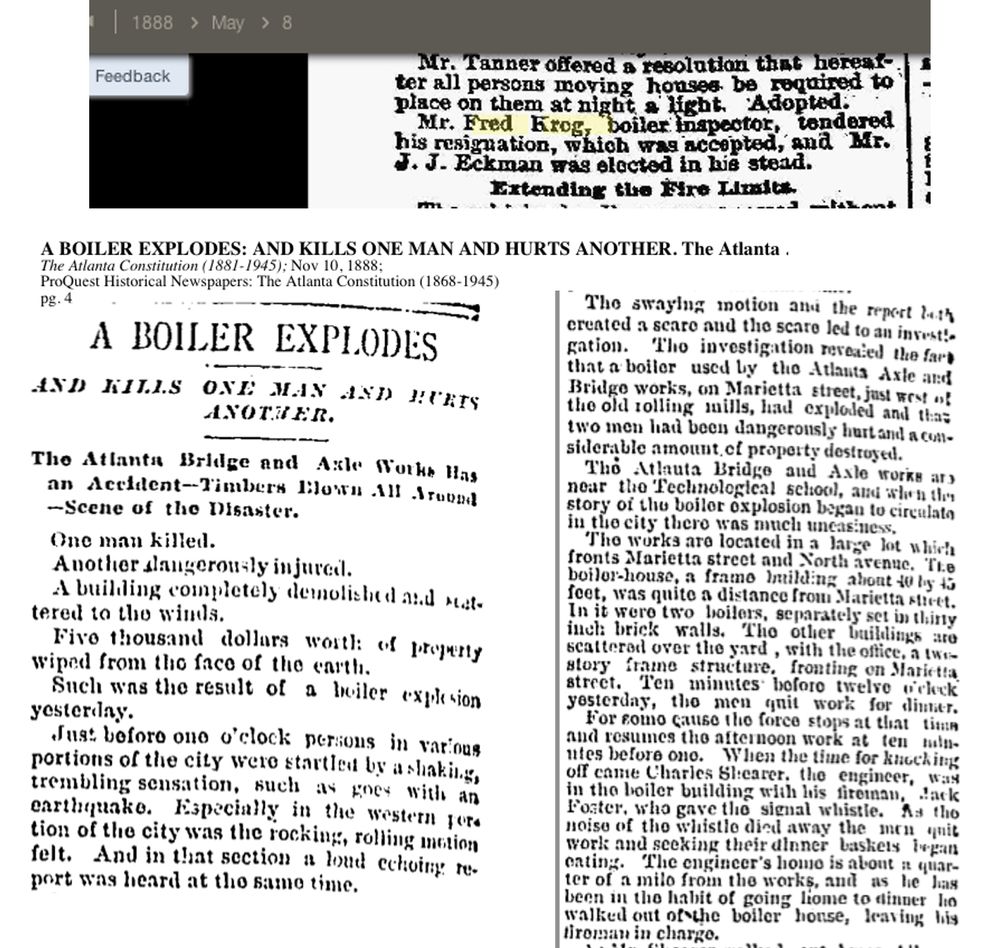 May 8, 1888 article on Fred Krog tendering his resignation as boiler inspector.
Above a Nov. 10, 1888 article titled "A Boiler Explodes"