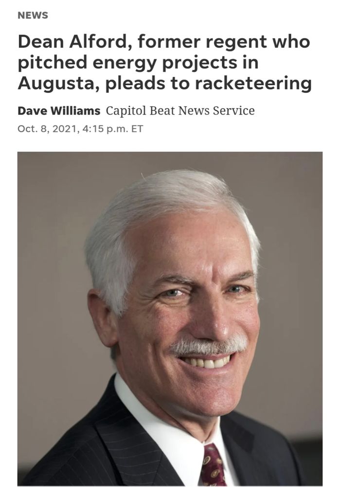 News article headline: Dean Alford, former regent who pitched energy products in Augusta, pleads to racketeering.