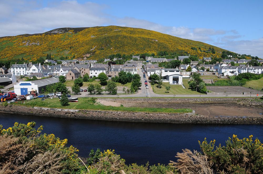 Helmsdale. The image shows a river in the foreground cutting across the frame, beyond a gorse-covered embankment. On the far side of the river, which is very dark in colour, is a village stretching across the centre of the frame, with open areas nearer the river and the buildings further away. Beyond the village is a hill covered in yellow gorse. The scene is in sunlight.