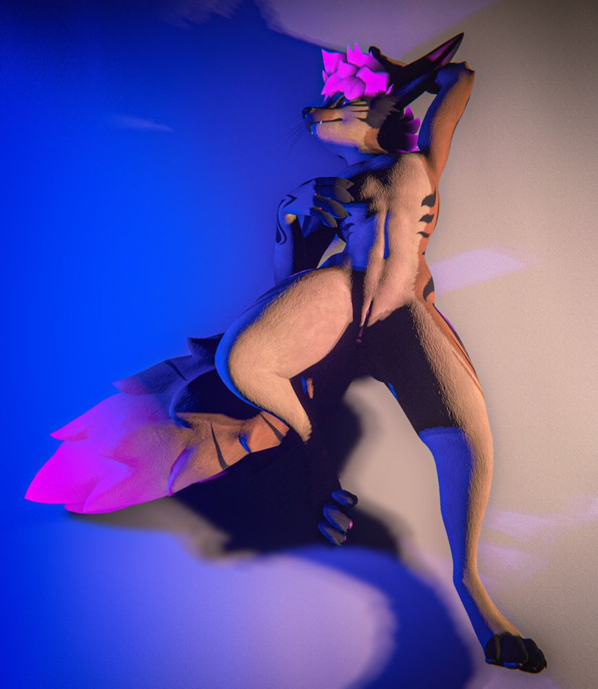 This image shows a confident, androgynous fox character posing under soft blue and purple lighting. They’re leaning back with one leg lifted, eyes closed, and a relaxed, almost blissful expression. The lighting highlights their curves and fur, especially the bright purple hair and tail. The whole scene feels dreamy, bold, and a little seductive... like a quiet moment in the middle of a performance.