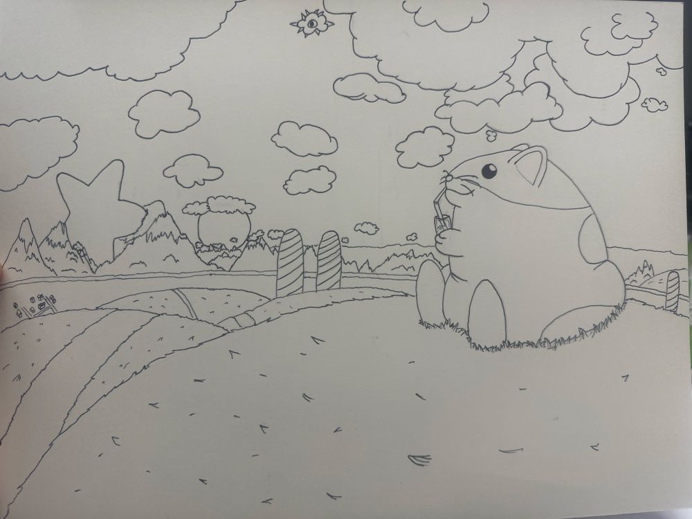 A drawing of Rick, a round hamster from the Kirby series drinking iced tea and looking out over the horizon.