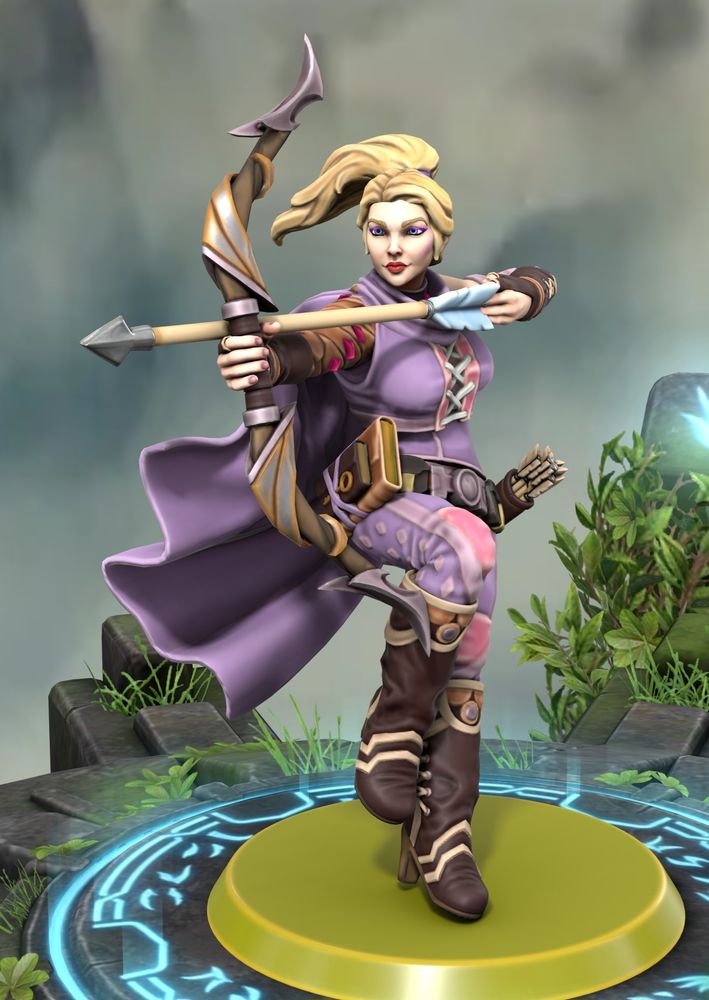 Becky dressed mostly in purple, wielding a bow, ready to shoot it. 