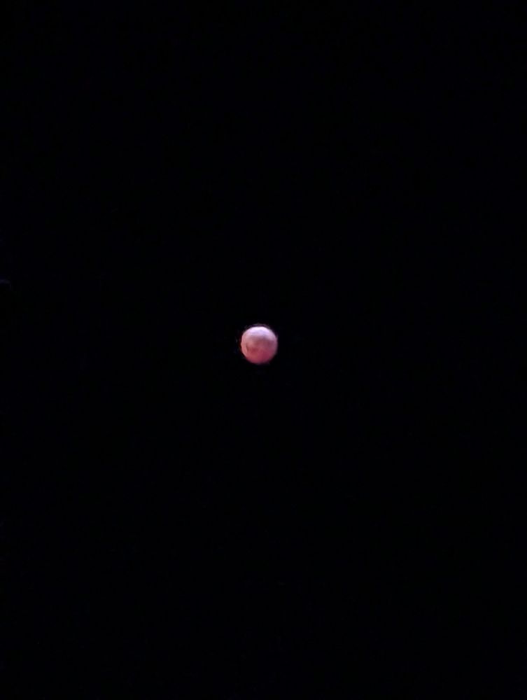 Picture of moon appearing red during totality of lunar eclipse on March 14, 2025 
