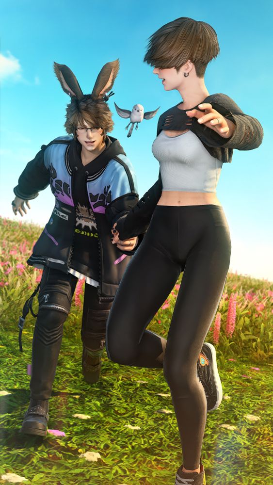 Pictured is Si, a female Midlander Hyur, and Rowan, a male Veena Viera. Si has an undercut and short brown hair that obscures her face. Rowan has brown fluffy hair and brown eyes. They’re both wearing black clothing. Si leads Rowan by the hand as they run through the sunny fields of Elpis. She turns towards him as if to say something; they both appear to be laughing. Viit, a Silver Dasher, trails behind them in the air.