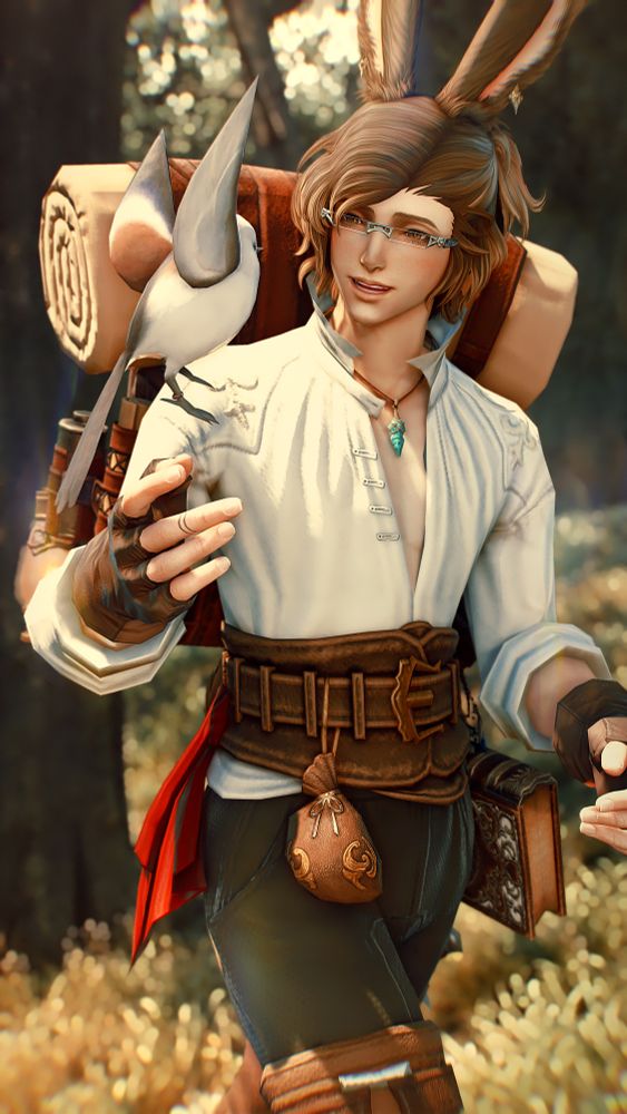 Rowan, a male Veena Viera, walks in the forest alongside his friend Viit, a Silver Dasher. The Viera, who has brown hair and brown eyes, wears a loose white shirt, black pants, and a leather adventuring pack. He has silver reading glasses and a worn grimoire at his hip. The glow of the morning sun gives the grass a golden shimmer as it ripples beneath them in the breeze.