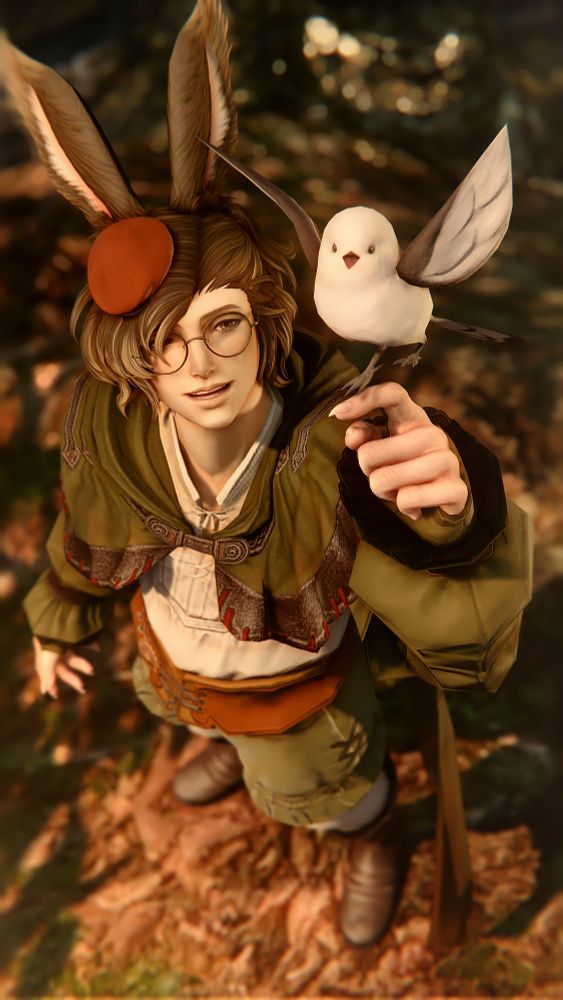 A top down image of Rowan, a male Veena Viera, standing in the forest with his arm extended above him. He has brown hair and brown eyes. He wears a small russet colored hat, a green cloak, and round framed glasses. His friend Viit, a Silver Dasher, takes off from where he was perched on Rowan's finger. The last vestiges of sunlight filter through the leaves around them, the river sparkling nearby.