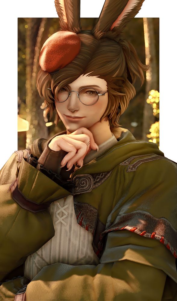A portrait of Rowan, a male Veena Viera, stood in the forest. He has brown hair and brown eyes. He is wearing round silver glasses, a small russet colored hat, and a green cloak with brown accents. With his hand to his chin, he looks thoughtfully off to the side. Around the upper half of the image is a white border.