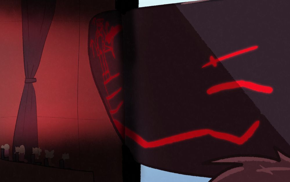 a cut-through view of the movie theater from the side, showing that the screen is actually the visor of a protogen, Sigra!