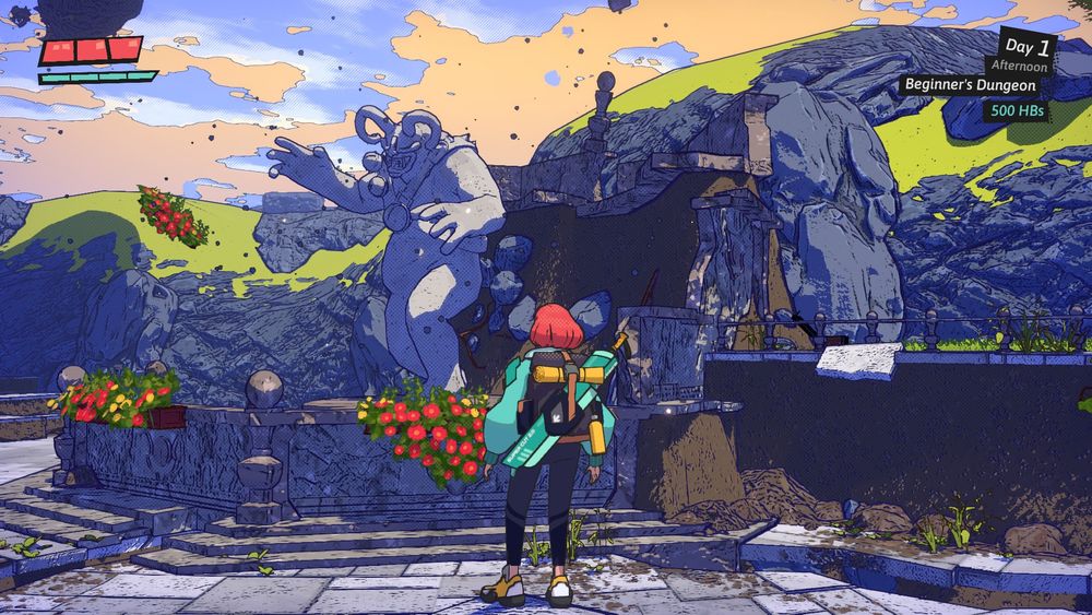 Primer dungeon - Dungeons of Hinterberg
El escenario es curioso con paisajes rotos, ventanas y casas en posiciones extrañas.
Algunas estatuas parecen cuidar el lugar de visitantes despistados