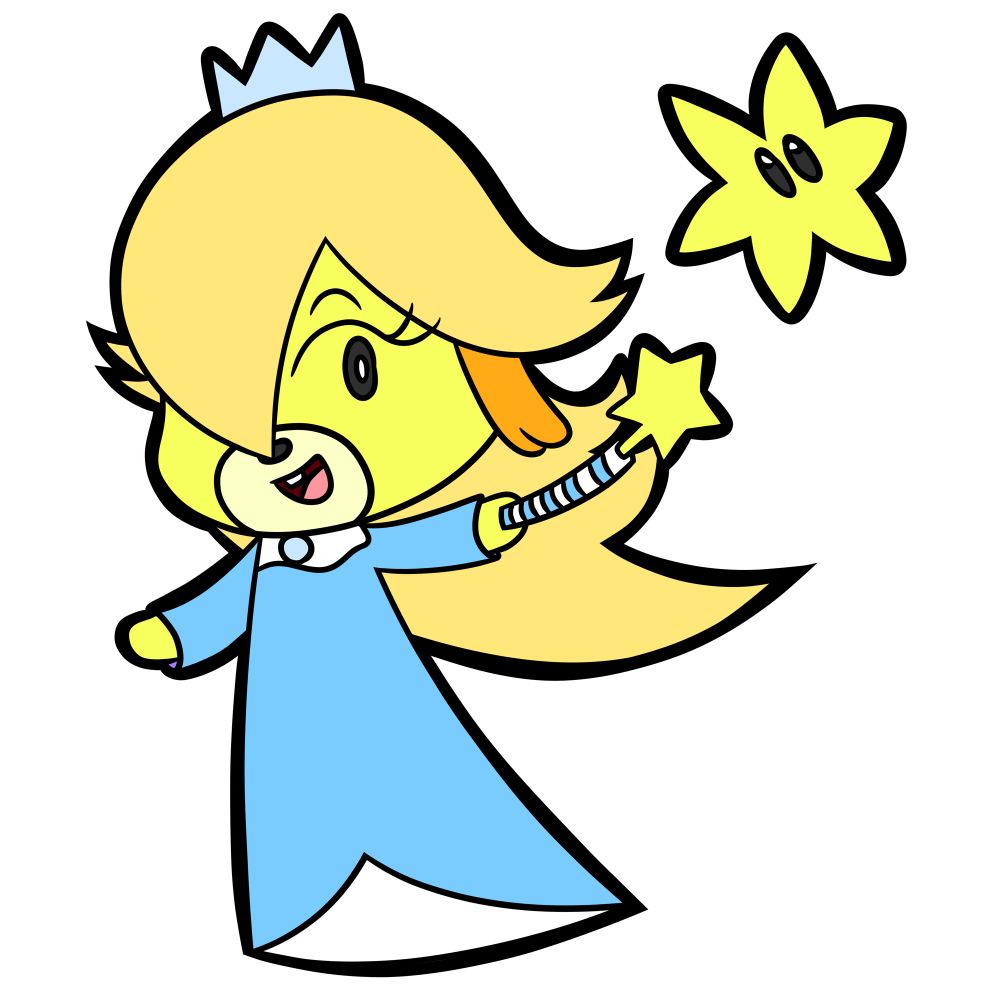 Isabelle from the animal crossing series dressed as Rosalina and luma from the super mario series. She’s wearing Rosalina’s white and light blue dress and a wig that looks like her hair that’s covering one eye. She’s holding a white and light blue wand with a yellow star at the end. Next to her is a star piece that is made to look like a luma.