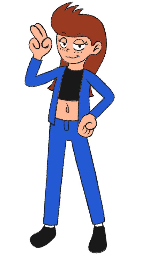 My Original character, Hazel. She a very chill and easygoing lady with long brown hair, wearing a black top, denim jacket and jeans, and white socks and black slip on shoes. this is her usual outfit that she wars a lot. She has one hand on her hip and her other hand is in a peace sign. she's looking at the viewer with a calm and relaxed expression.