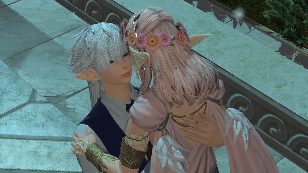 Aphinaud is looking up at Selenia, smiling.