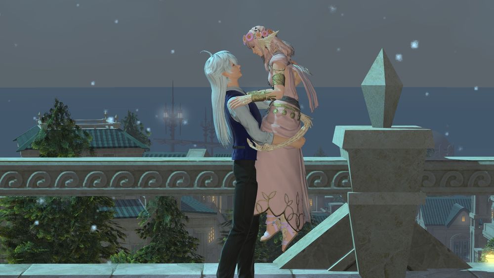 Alphinaud holding up a pink haired Au Ra. Selenia's tail is wrapped around Alphinaud's arm.