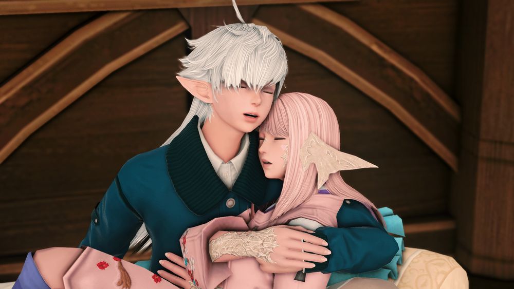 Alphinaud and a pink haired Au Ra napping on some cushions (not pictured). Alphinaud has his arm around Selenia as she sleeps into his chest, her hand on his.