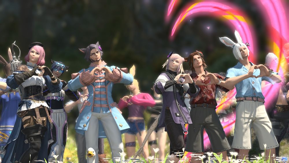 A pink haired Hyur Midlander, Chai-Nuzz wearing clothes in the colours of the trans flag, pink haired Au Ra Raen, brown and grey haired Seeker of the Sun Miqo'te and white haired Veena Viera.
