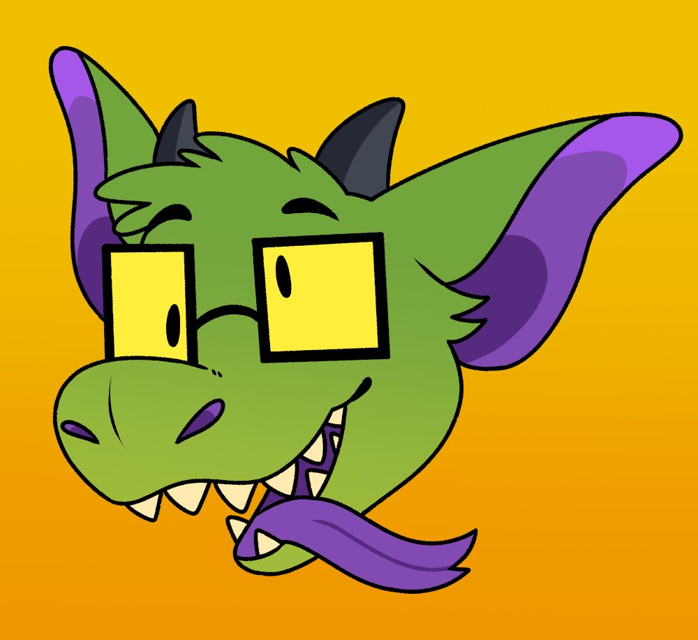 Headshot of a green dragon-like creature with it's purple tongue sticking out
