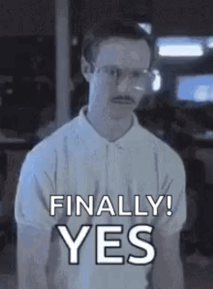 a man with glasses and a mustache is saying finally yes .