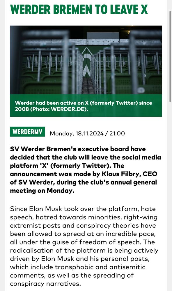 A screenshot of a part of Werder Bremen’s club statement regarding their decision to quit X. 