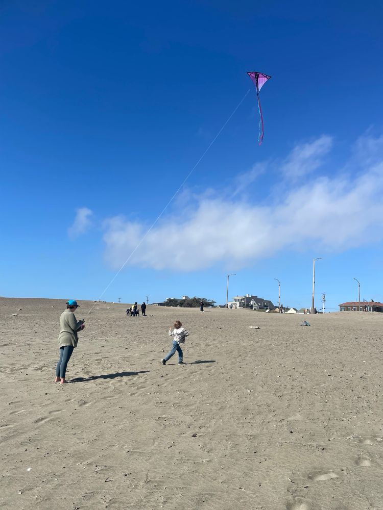 A family having fun at the beach kite flying on a crisp cool day.