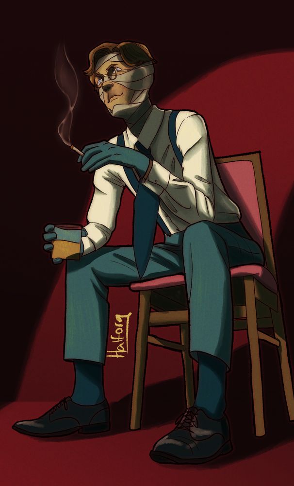 drawing of a bandaged man from a low perspective. He is leaning forward, staring off-camera with an air of confidence. He is holding both a drink and a lit cigarette.