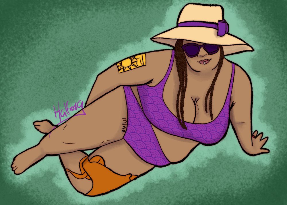 a black woman as seen from above, laying on her hip and propped up by her hand. Her hair is in braids and she is wearing a hat with a bow, as well as a purple bikini.