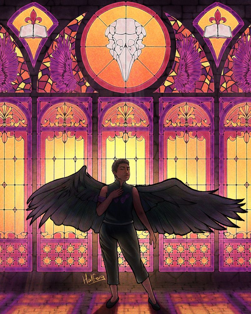 a digital drawing of Neema Kraa, a black woman wearing black clothing and a purple armband with Raven wings behind her. She is backlit by stained glass windows in sunset colors.