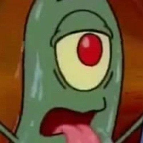 Close up of Plankton from SpongeBob lustily sweating and drooling with his tongue out