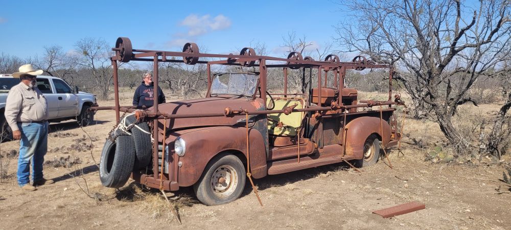 Friends shearing  truck made by his grandad in 1930s. It had 8 or so pulleys that held clippers for shearing Mohair. The shearers traveled a circuit from Texs to Montana shearing  sheep.