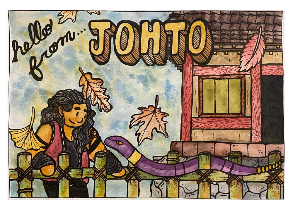 A postcard of Archie and ekans in front of the burnt tower in johto

“Hello From Johto”