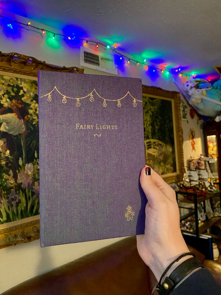 A blue book cover “Fairy Lights”

Sting lights are drawn in gold at the top and a little fairy Ed is in the bottom right