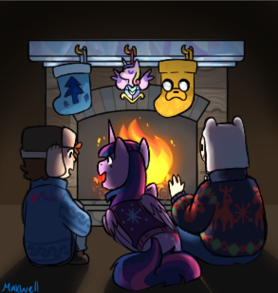 dipper pines from gravity falls, twilight sparkle from my little pony: friendship is magic, and finn mertens from adventure time all sit in front of a fire place chatting.
what they're talking about:

"it's christmas!"
"no it's hearths warming eve!"
"no it's holly jolly secrets!"
"what?"