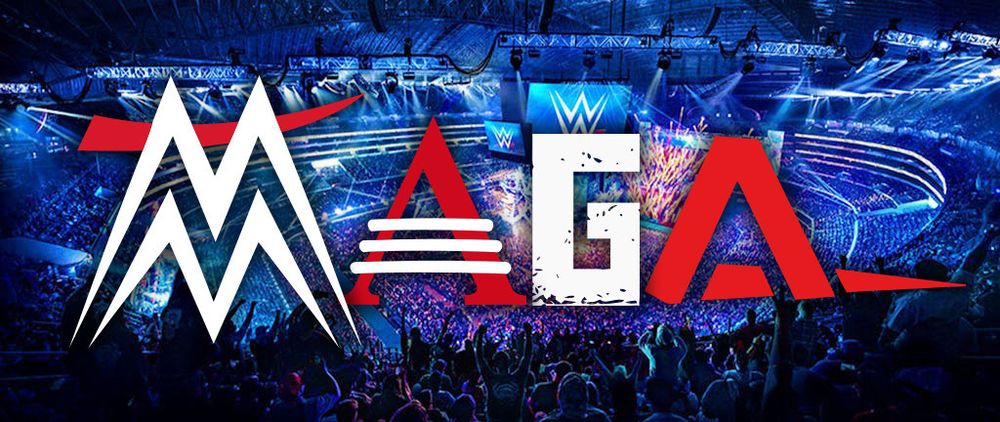 MAGA made with an upside down WWE logo, the AAA logo, the GCW logo, and the TNA logo.