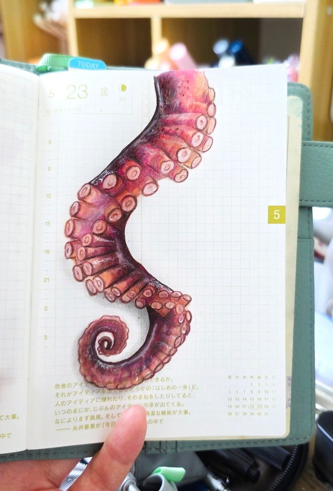 Drawing of an octopus tentacle in a graph paper journal. 