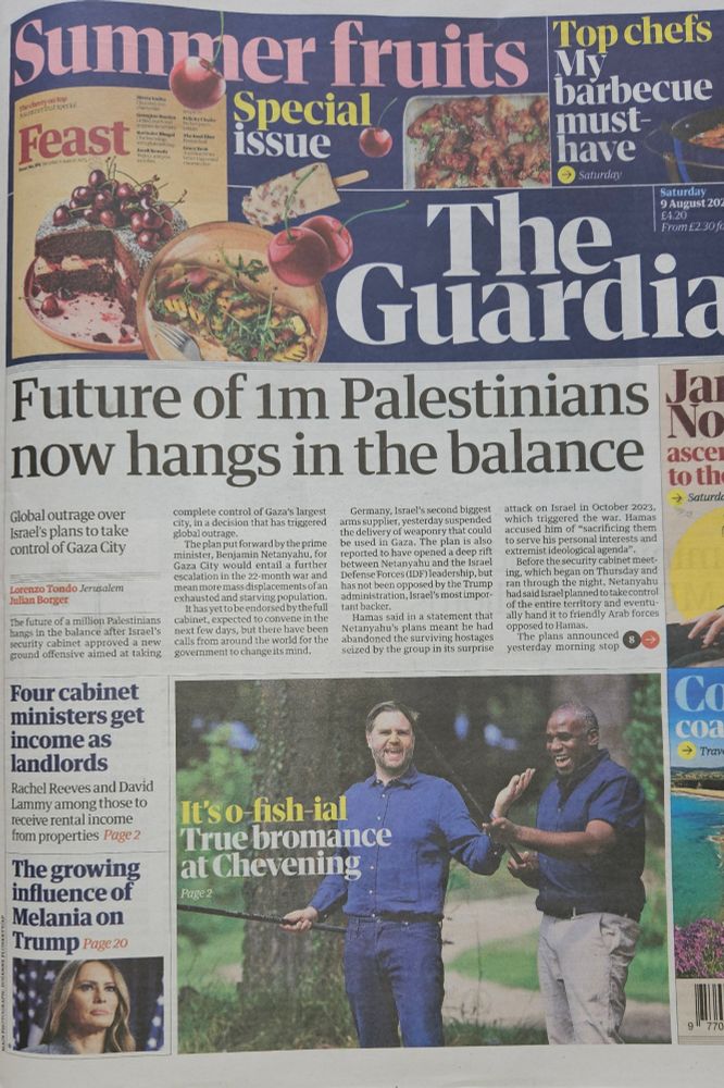 Today's Guardian, with the headline "Future of 1 million Palestinians now hangs in the balance"