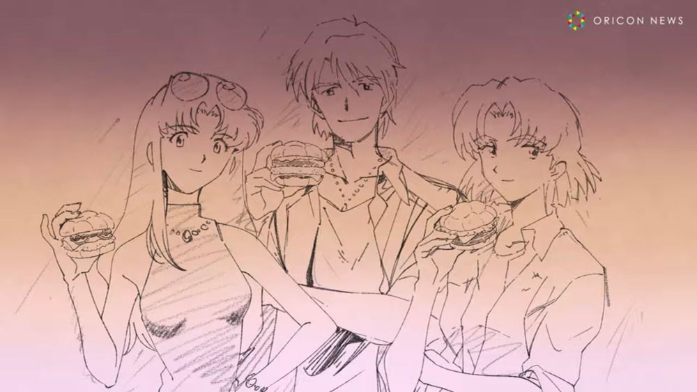 Pencil sketch of three people holding different types of McDonald's specialty burgers