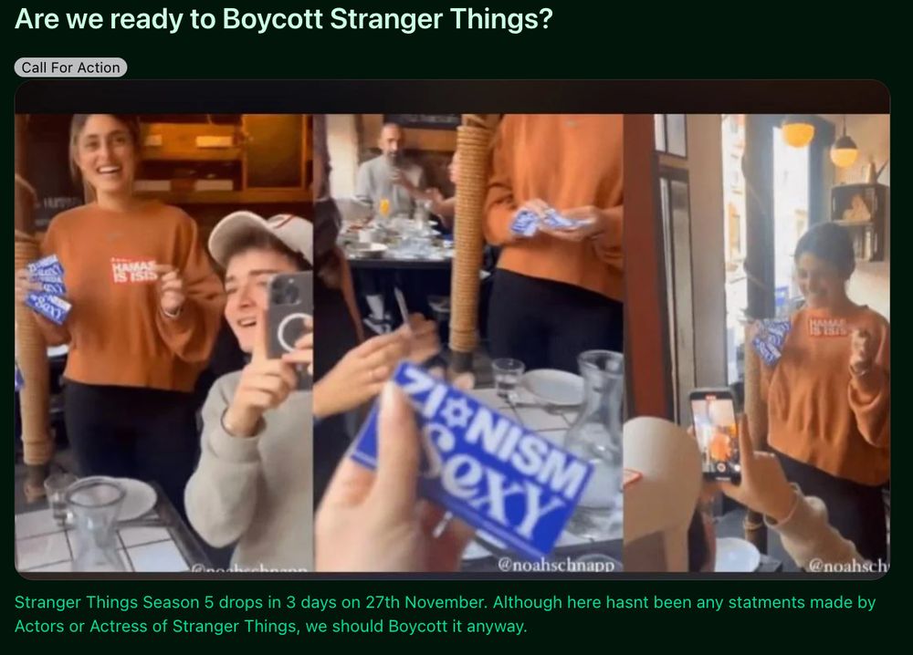 A collage of two people at a restaurant, one holding a "Zionism is Sexy" sticker. Text above suggests boycotting "Stranger Things." Tone is provocative.