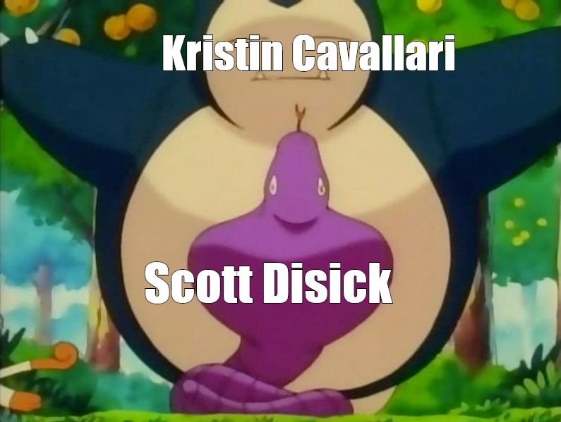 Snorlax body slamming Arbok in the Pokemon cartoon.
 The slammer is labeled with Kristin Cavallari and the person or thing being slammed is labeled Scott Disick.

 image source: https://static.wikia.nocookie.net/international-pokedex/images/6/6a/Body_Slam_%28Ash%27s_Snorlax%29.png